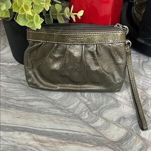 Coach Metallic Olive Green Pleated Wristlet
